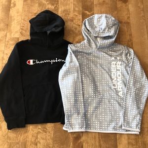 2 boys hooded sweatshirts with front pocket. Under Armour and Champion brand